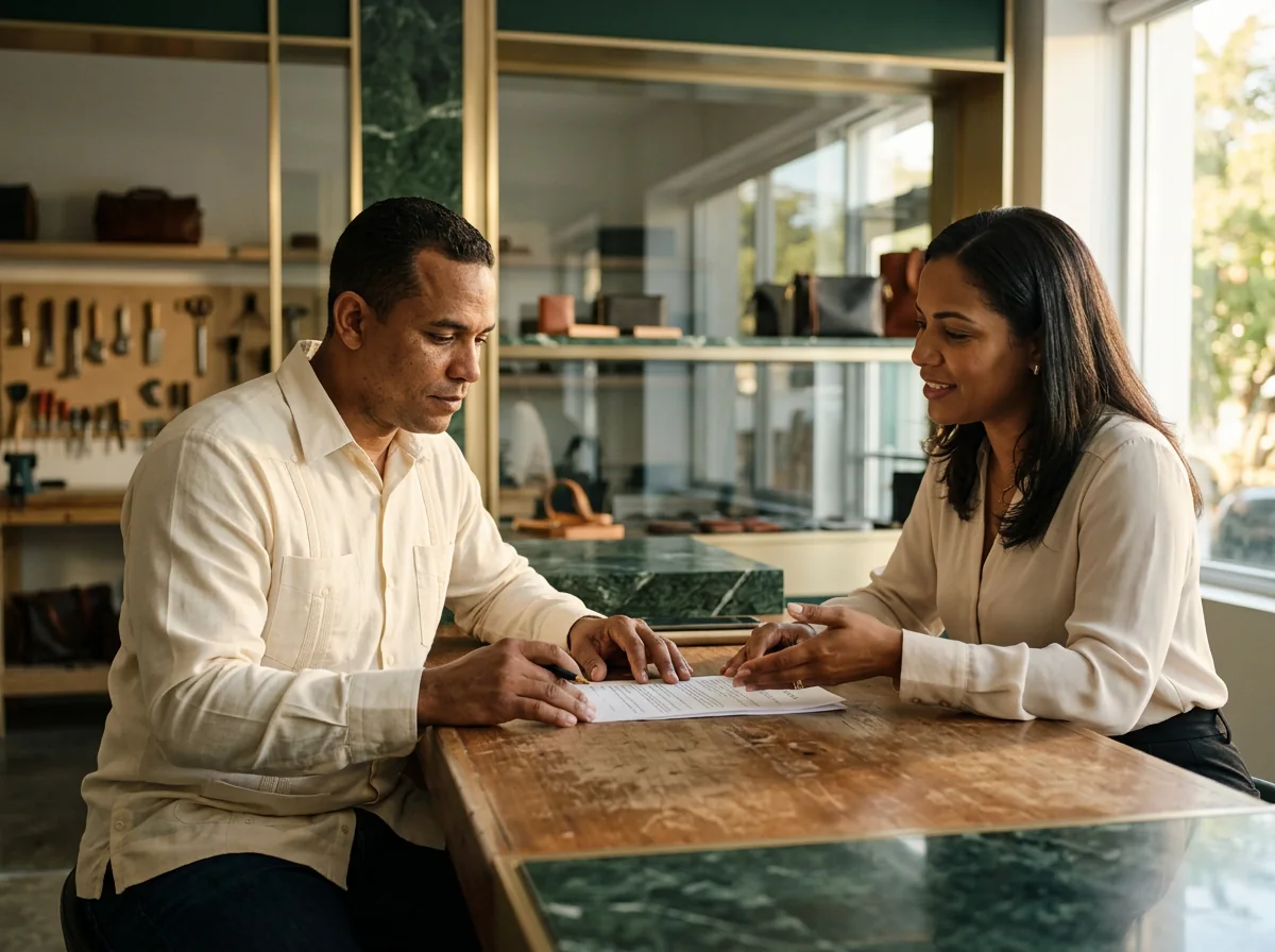 Comerciante dominicano revisando las condiciones de su préstamo con una asesora